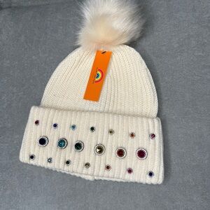 Kurt Geiger Rainbow Embellished Faux Fur Pom Pom Beanie in ivory NWT